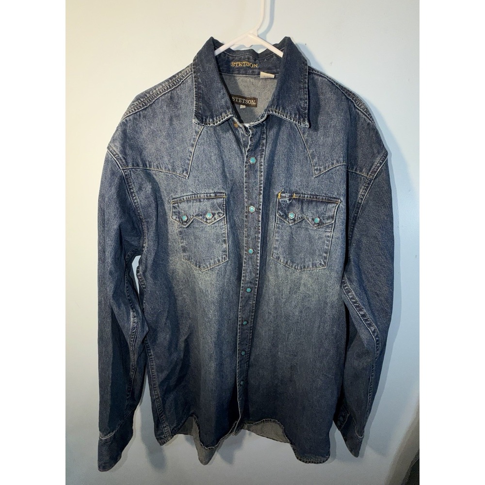 STETSON Men's Denim Jean Shirt Sportsman Turquoise Pearl Snap Western Cowboy XL